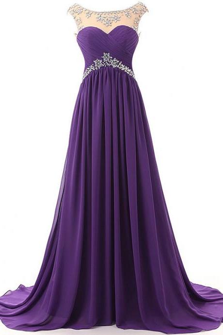 A Line Boat Neck Chiffon Beading Crystals Evening Bridesmaid Dresses Wedding Party Formal Prom Birthday Floor Length Court Train