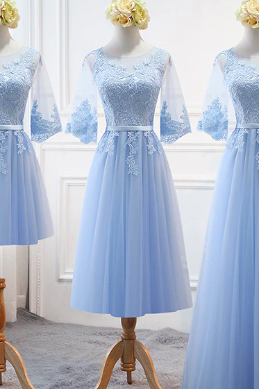 Embroidered Sky Blue Bridesmaid&amp;#039;s Dresses Long Lace Up Middle Sleeve Marriage Sister Christmas Dress Girls Wholesale