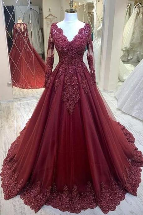Wine Red Prom Dresses Women&amp;#039;s Sexy V-neck Lace Decal A-line Long Sleeve Formal Beach Party Evening Gowns Fashion Celebrity Dress