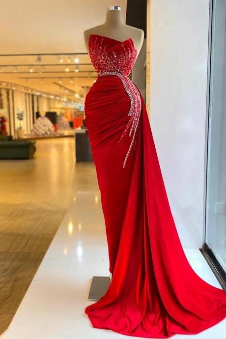 Gorgeous Red Mermaid Prom Dresses Black Grils High Waist Women Formal Pageant Evening Gowns Custom Made Sweep Trian Beaded Dress
