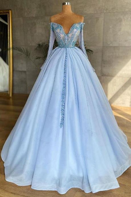 Light Blue Ball Gown Evening Dresses With Sleeves Off The Shoulder Beaded Lace Bodice Real Photo Prom Dress Long Formal Party