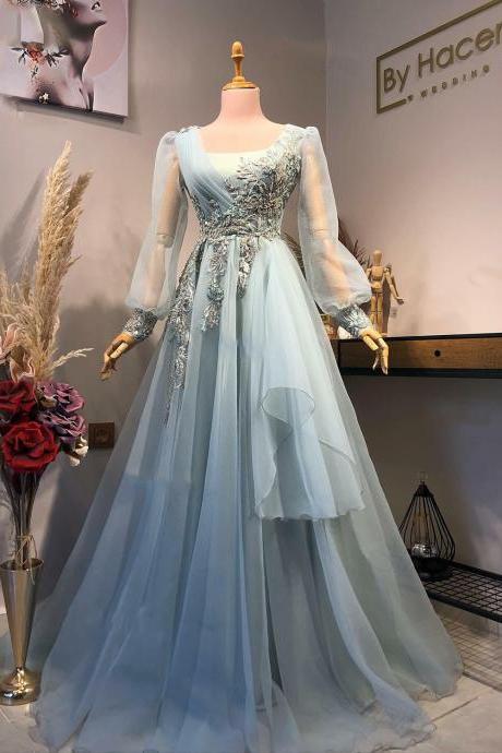 Sky Blue A-line Tulle Prom Dresses Elegant Appliques Lace Long Sleeves Formal Evening Gowns 2023 Vestidos De Fiesta