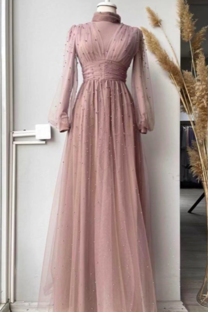 pearls prom dresses, pink prom dresses, beaded prom dresses, a line evening dresses, a line formal dresses, sexy evening dresses, cheap evening gowns, new arrival party dresses, long sleeve prom dresses