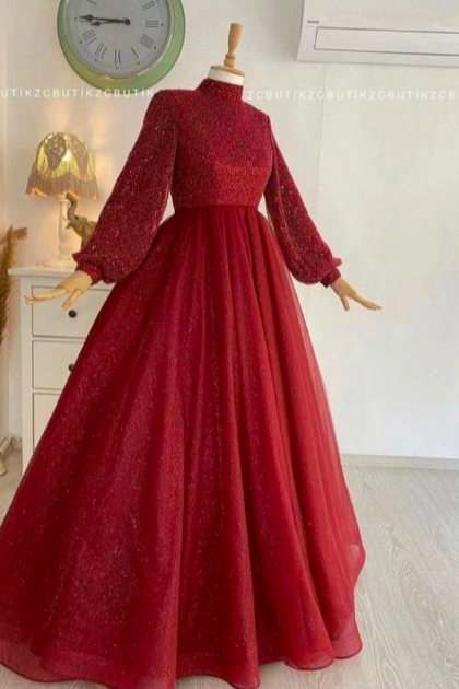 Red Prom Dresses, Dark Prom Dresses, Long Sleeve Prom Dresses, High Neck Prom Dresses, Sparkly Prom Dresses, Arabic Evening Dresses, Sexy Evening