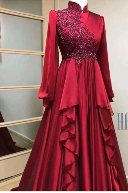 Dark Red Prom Dresses, High Neck Prom Dresses, Long Sleeve Prom Dresses, Lace Appliques Prom Dresses, Ruffle Prom Dresses, Evening Gowns,