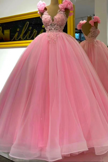 Pink Prom Dresses, Sexy Prom Dresses, V Neck Prom Dresses, Beaded Prom Dresses, Crystal Evening Dresses, Pearls Prom Dresses, Ball Gown Prom