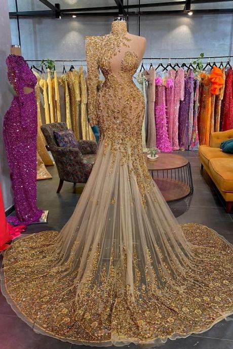 Glamorous Prom Dresses Mermaid High Neck Art Deco-inspired Neck Shining Applicants Tulle Court Gown Backless Zipper Custom Made Evening Dress