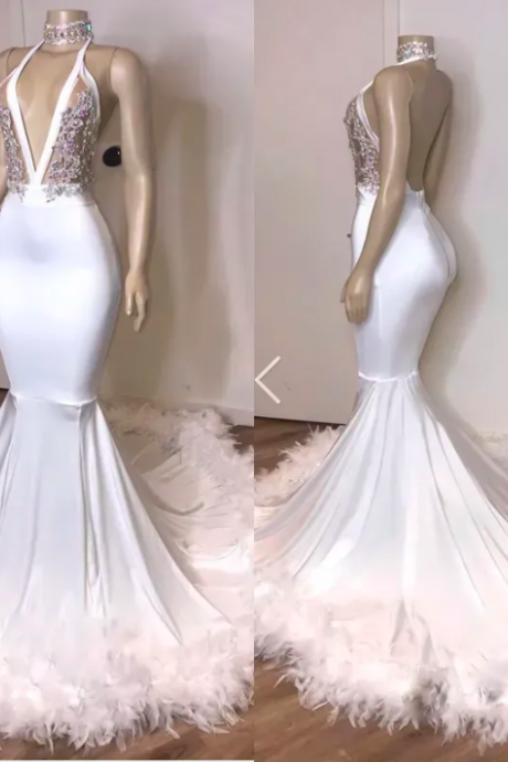 2023 White Mermaid Prom Dresses Mermaid Plung V Neck Custom Made Sexy Backless Feather Beaded Ruched Evening Party Gowns vestidos Formal Occasion Wear Plus Size
