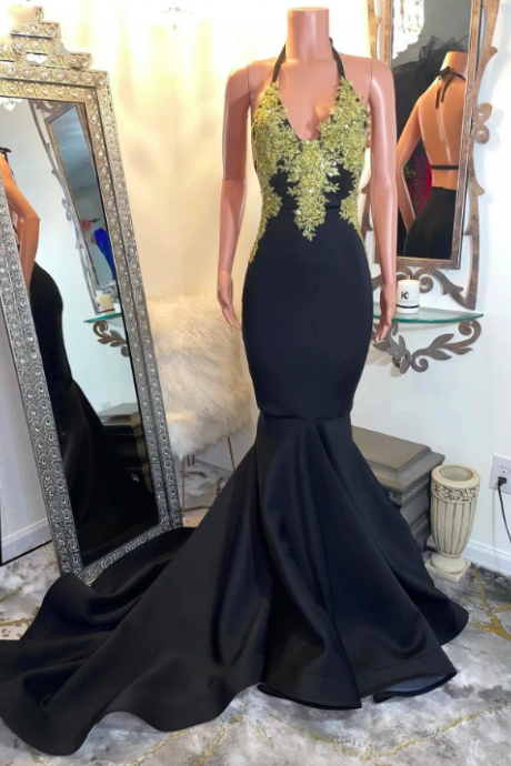 Sexy Backless Black Prom Dresses 2023 Lace Applique Girls Birthday Party Gowns Halter Mermaid Evening Dress Vestido De Novia