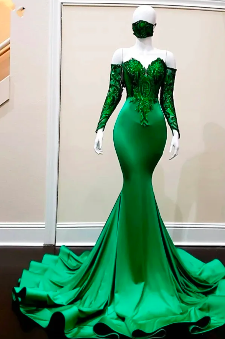 Elegant Dark Green Mermaid Prom Dresses 2023 Sequin Applique Party Gowns Long Sleeves Evening Dress Vestido De Novia