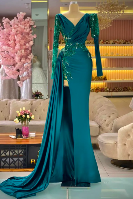 Dark Green Mermaid Prom Dresses Long Sleeve Sparkly Beading Crystal Satin V Neck Split Evening Gowns Formal Vestidos De Noche