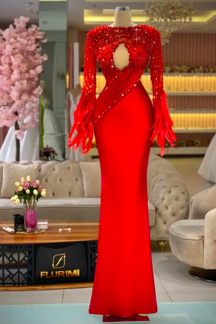 Gorgeous Red Feather Prom Dresses Long Sleeve Sparkly Beading Crystal Satin Mermaid Evening Gowns Formal Vestidos De Noche