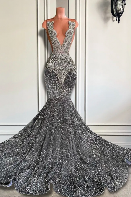 Sexy Long Sparkly Prom Dresses 2023 Sheer O-neck Luxury Silver Crystals Diamond Sequin Mermaid Black Girl Evening Party Gowns Robe De Soiree