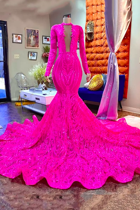 Fuchsia Mermaid Long Prom Dresses 2022 Rosa Red African Black Girl Long Sleeves Sparkly Sequin Lace Luxury Party Evening Dress