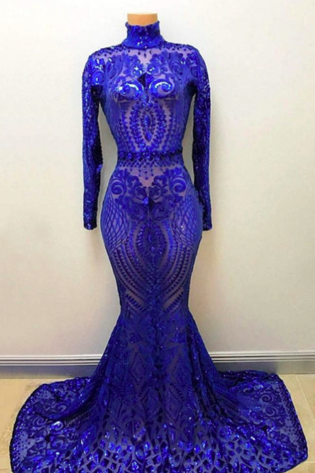 Stunning Royal Blue Mermaid Prom Dresses Vintage High Neck Long Sleeve Lace Sequins Sheer Illusion Bodice Girls Formal Evening Party Graduation Gowns