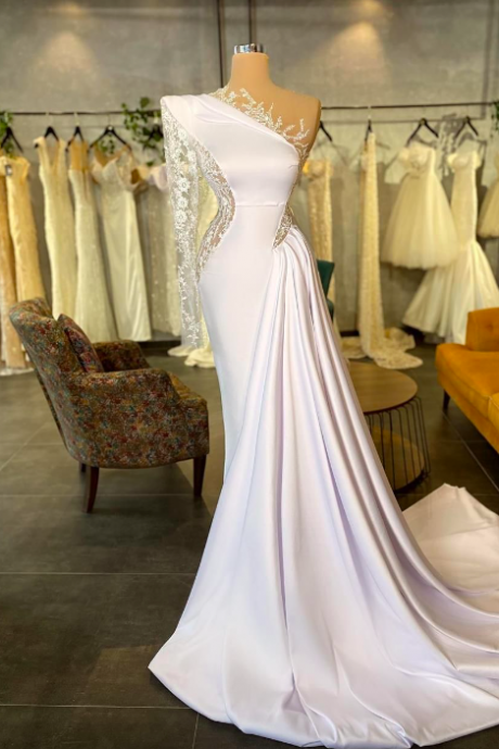 Elegant Mermaid Prom Dresses One Long Sleeve Bateau Appliques Sequins Satin Floor Length Celebrity Formal 3d Lace Hollow Evening Dresses Plus
