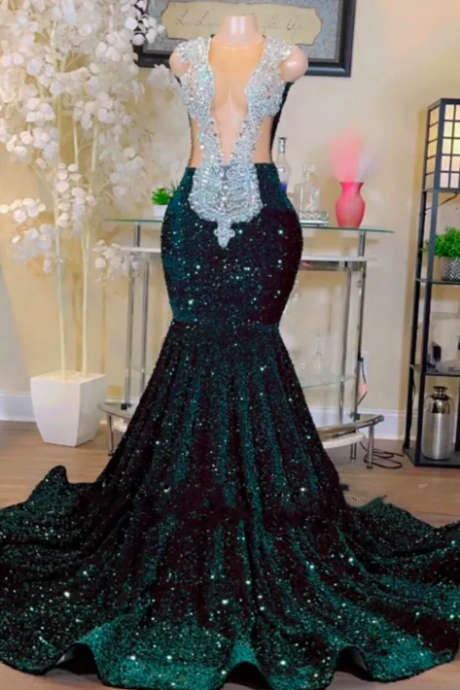 Elegant Backless Mermaid Prom Party Dresses 2023 Sexy Dark Green Sequins Beaded Plus Size Arabic Style Formal Evening Occasion Gowns