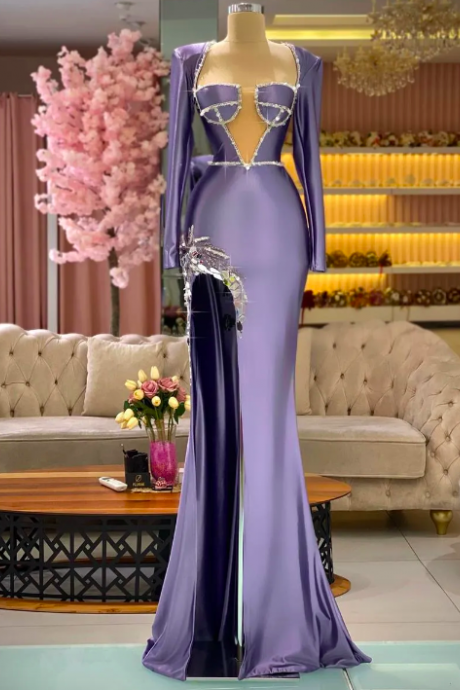 Purple Prom Dresses, Sweetheart Prom Dresses, Long Sleeve Prom Dresses, Sparkly Evening Dresses, Crystal Evening Dresses, Sexy Formal Dresses,
