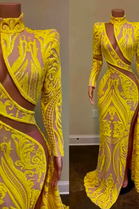 Long Sleeve Sexy Prom Dresses 2023 High Neck Side High Slit Yellow Sequin Applique African Black Girls Mermaid Evening Party Gowns