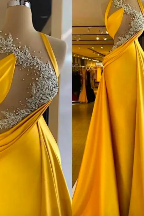 2023 Gold Mermaid Prom Dresses With Overskirt Crystals Beaded Illusion Top Satin Custom Made Ruched Evening Party Gowns Vestidos Formal Occasion