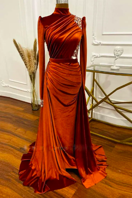 Orange Velvet Evening Dresses Detachable Train Bead Ruched Formal Gown High Collar Arabic Dubai Muslim Evening Gown