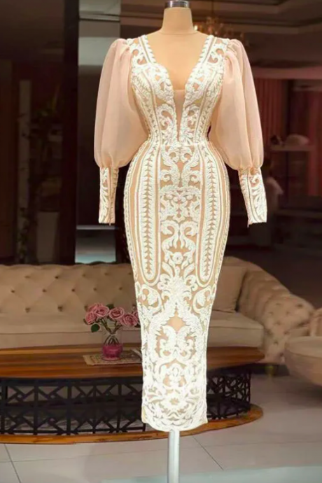 Arabic Muslim Evening Dress Long Sleeve Ankle Length Midi Sequined Prom Formal Gowns For Women Birthday Party Vestidos Fieast 2023