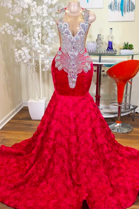 Red Sheer O Neck Long Mermaid Prom Dress For Black Girls 2023 Beaded Crystal Diamond Birthday Party Dresses Ruffles Evening Gowns