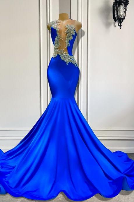 Long Elegant Prom Dresses 2023 Sexy Mermaid Real Picture Sparkly Silver Embroidery Black Girls Gowns Royal Blue Prom Gala Formal