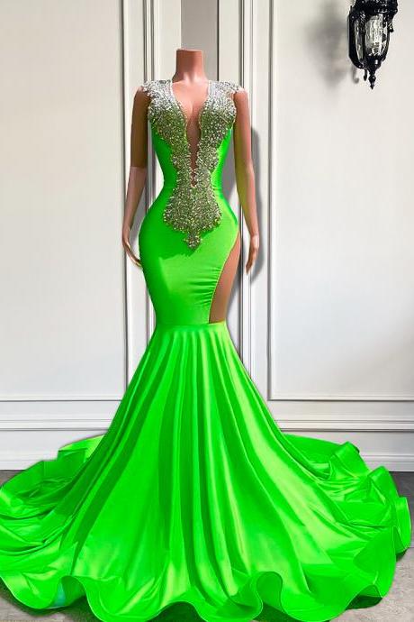 Long Mermaid Style Prom Dresses 2023 Sheer O-neck Fitted Sparkly Silver Diamond Black Girl Green Prom Gala Formal Gowns
