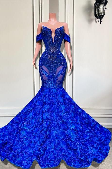 Long Prom Dresses 2023 Luxury Sheer O-neck Off The Shoulder Sparkly Diamond Black Girl Royal Blue Prom Gala Formal Gowns