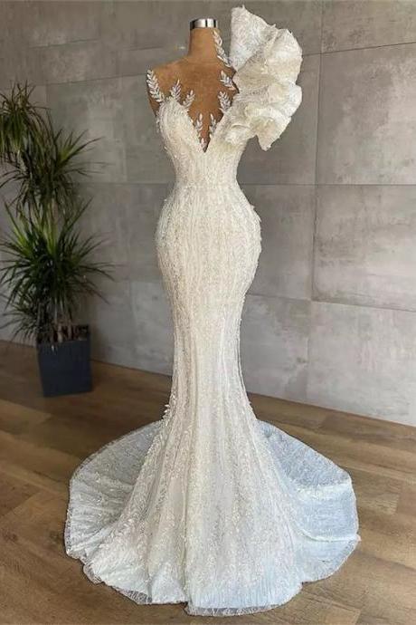 Cutstom Made Lace Wedding Dresses Long Luxury 2023 Bride Mermaid Beads Crystal Ruffle Bridal Gown Plus Size Celebrity