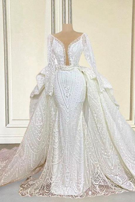 Luxury Lace Puffy Wedding Dresses 2023 For Bride Mermaid Bead Long Sleeve Detachable Train Dubai Bridal Gowns Plus Size