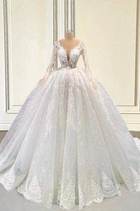 Luxury Bride Puffy Long Wedding Dresses 2023 Beaded Appliques Lace Full Sleeves Ball Gown Bridal Gowns