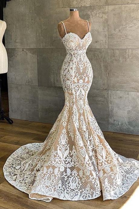 Modest Full Lace Mermaid Wedding Dresses 2023 Sweetheart with Spaghetti Straps Africa Women Bridal Gown Bride Dress