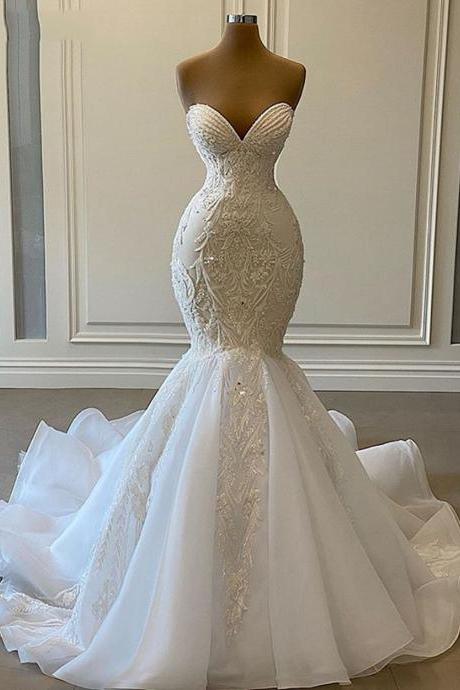 Luxury Crystal Beaded Mermaid African Wedding Dresses Plus Size 2023 Sweetheart Dubai Women White Organza Bridal Wedding Gowns