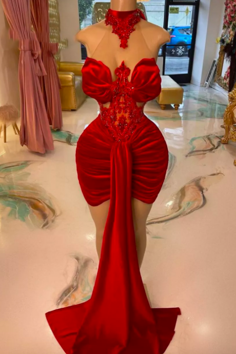 Red Velvet Halter Prom Dresses For Black Girls Mermaid Mini Cocktail Dress With Train African Birthday Party Gown Robe De Bal