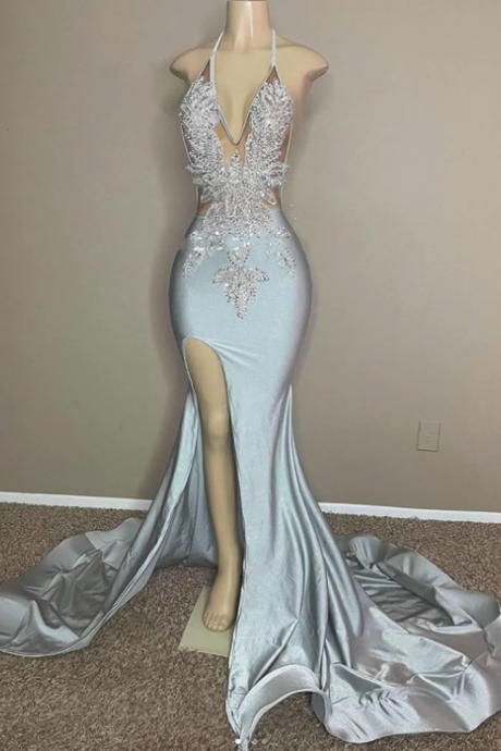 Light Blue Halter Mermaid Prom Dresses For Black Girls Sexy Silver Beaded Appliques Formal Gown Slit Party Gowns Cocktail Dress
