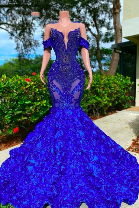 Luxury Royal Blue Ruched Flowers Prom Dresses For Black Girls Off The Shoulder Mermaid Evening Gowns Ruched Flowers Elegant robe