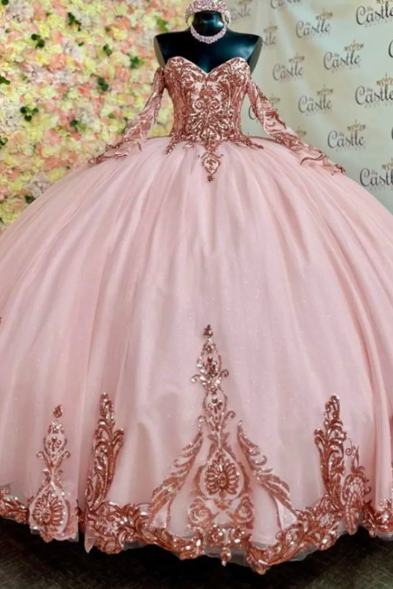 Rose Gold Three Quarter Sleeve Quinceanera Dresses Sequin Appliques Ball Gown Birthday Gown Lace-up Vestidos De 15 Quinceañera