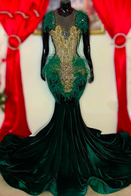Dark Green Feathers Velvet Prom Dresses Luxury Gold Crystal Beading Elegant Dress For Wedding Party Mermaid Black Girls Robe