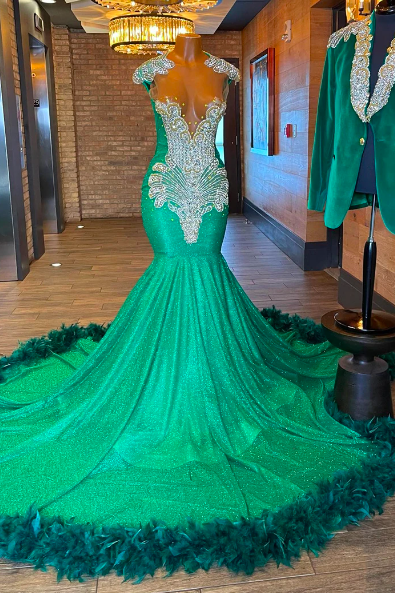 Feathers Mermiad Prom Dresses For Black Girls Evening Dress Long Luxury Suit O Neck Beaded Appliques Africa Party Gown Abendklei