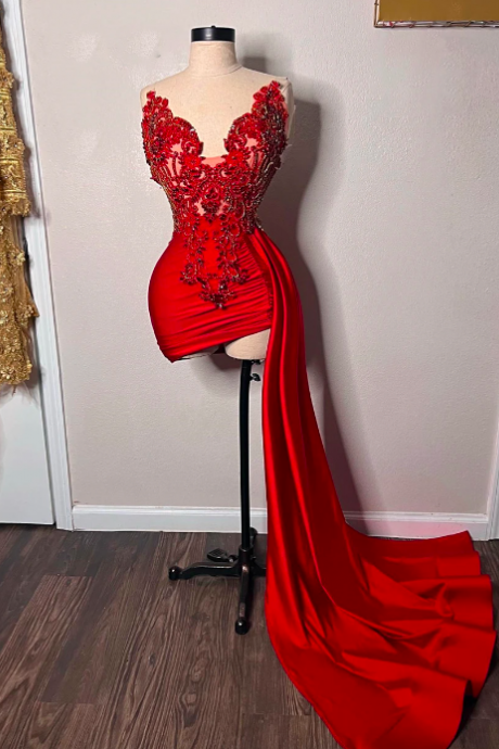 Red Beaded Appliques Prom Dresses With Train Mermaid Birthday Party Dress Sweetheart Mini Cocktail Gown Luxury Satin vestidos