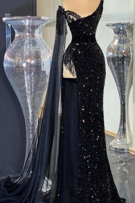 Black Prom Dresses, One Shoulder Prom Dresses, Sparkly Evening Dresses, Prom Dresses, Sexy Evening Dresses, Black Prom Dresses, Side Slit Prom