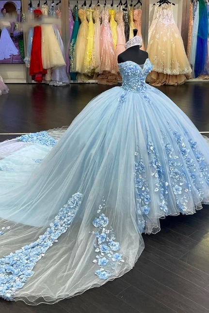 Baby Blue Long Quinceanera Dresses Ball Gown Birthday Party Dress Lace Up Graduation Gown Sweetheart Quinceanera De 15 Anos