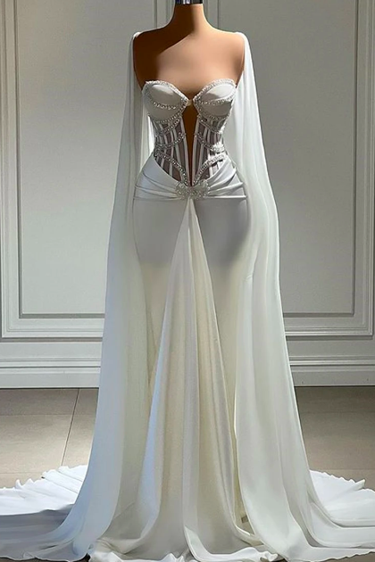 Silver Beaded Mermaid Wedding Gown For Bride 2023 With Cape Bridal Dress Engagement Dresses Elegant Fish Bones Dubai Robe De Bal