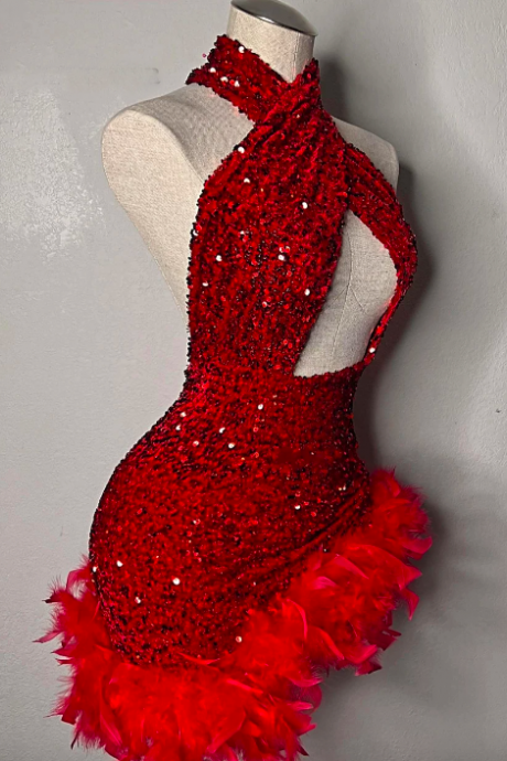 Red Feathers Sequin Prom Dresses Halter Homecoming Dress African Criss Cross Party Gown Mermaid Mini Cocktail Gowns Vestidos