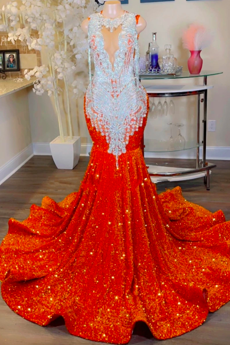 Silver Crystal Beading Luxury Orange Sequin Prom Dresses 2023 For Black Girl Tassels Mermaid Wedding Evening Dress O Neck Formal
