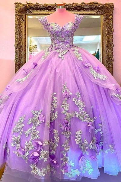 Light Purple Princess Quinceanera Dress Silver Appliques 3d Flowers Lace Up Ball Gown Sweet 16 Dress Vestidos De 15 Años
