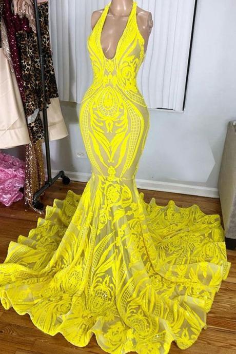 Yellow Prom Dresses, V Neck Prom Dresses, Lace Prom Dresses, Custom Make Prom Dresses, Prom Dresses, Fashion Evening Gowns, Party Dresses,
