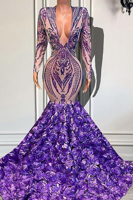 Purple Prom Dresses, Long Sleeve Prom Dresses, Prom Dresses, Deep V Neck Prom Dresses, Custom Make Prom Dresses, Arrival Evening Gowns, Sexy